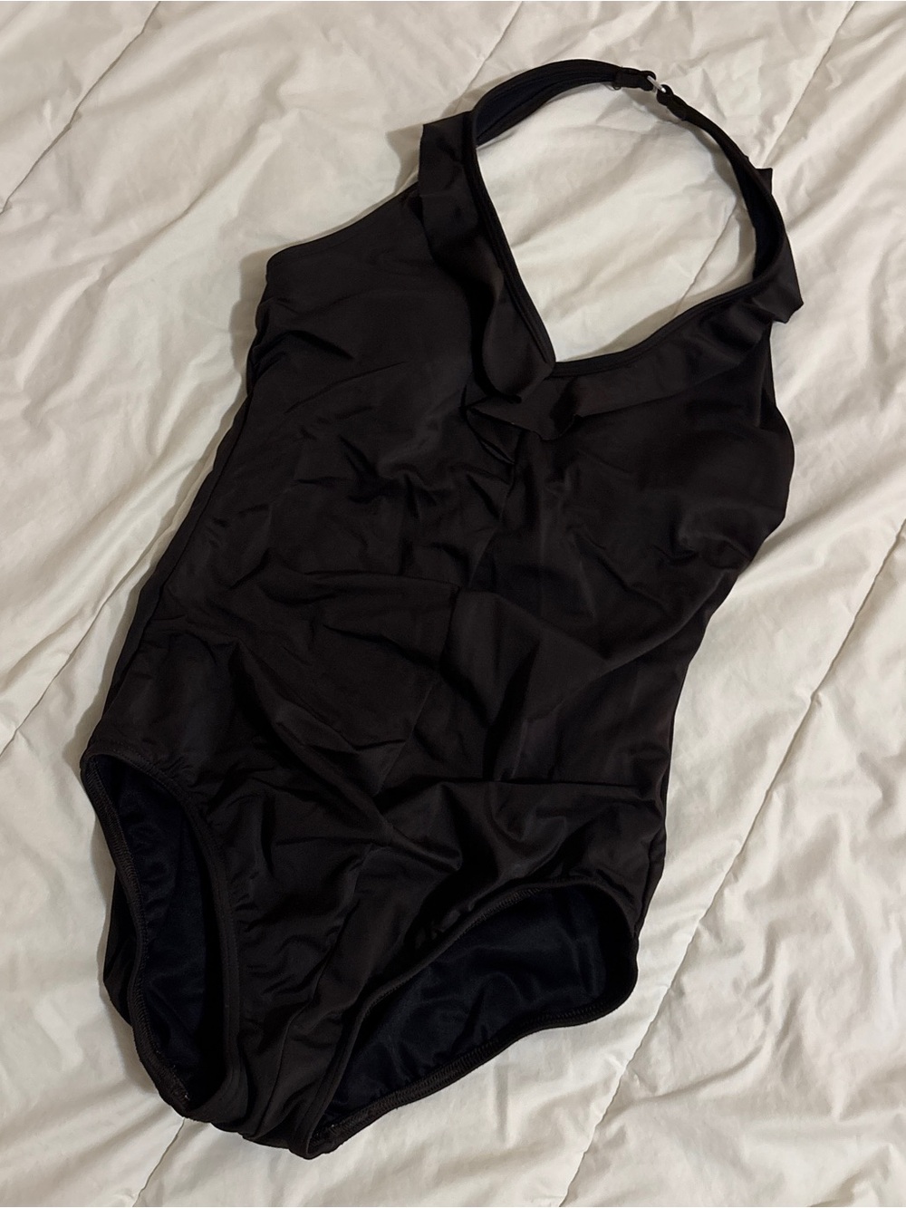 Lands End sz 6 chocolate brown halter neck swimsuit one-piece with ruffle detail